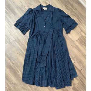 Vtg Skirt Top Set 70s 80s Blue Polka Dot Ruffle Sleeve Circle Skirt Tie Belt EUC